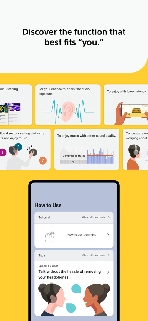 Sony Sound Connect app screen showing personalized features like ear health monitoring and usage tutorials.
