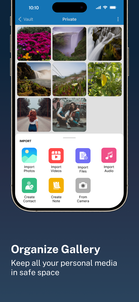 C Vault app interface showing an organized private photo gallery and an import menu for various file types