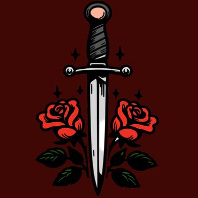 dagger in upright position with roses in front