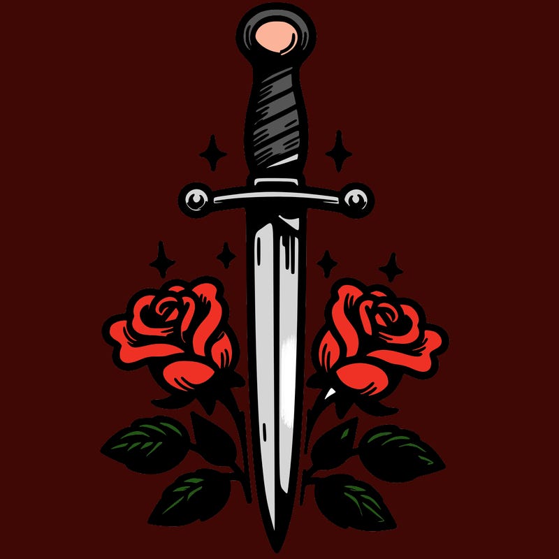 dagger in upright position with roses in front