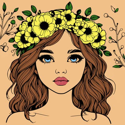 beautiful realistic girl with freckles and a flower crown