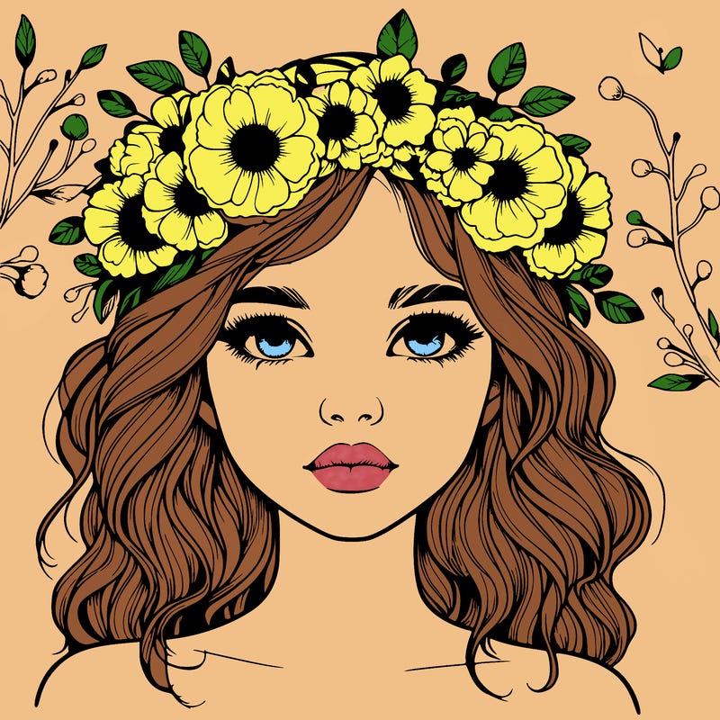 beautiful realistic girl with freckles and a flower crown