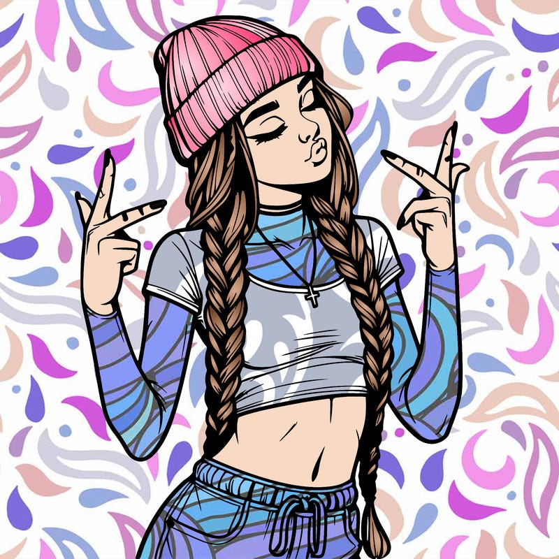 realistic teenage girl with braids and a beanie and crop top doing 🫶🏼