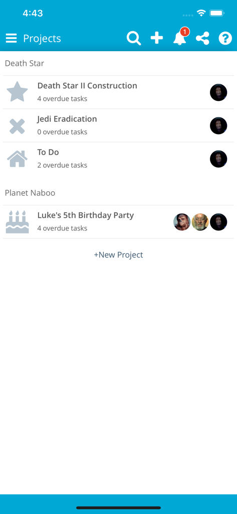 Panel de control de la aplicación Manage It que muestra una lista de proyectos organizados y colaboración en equipo