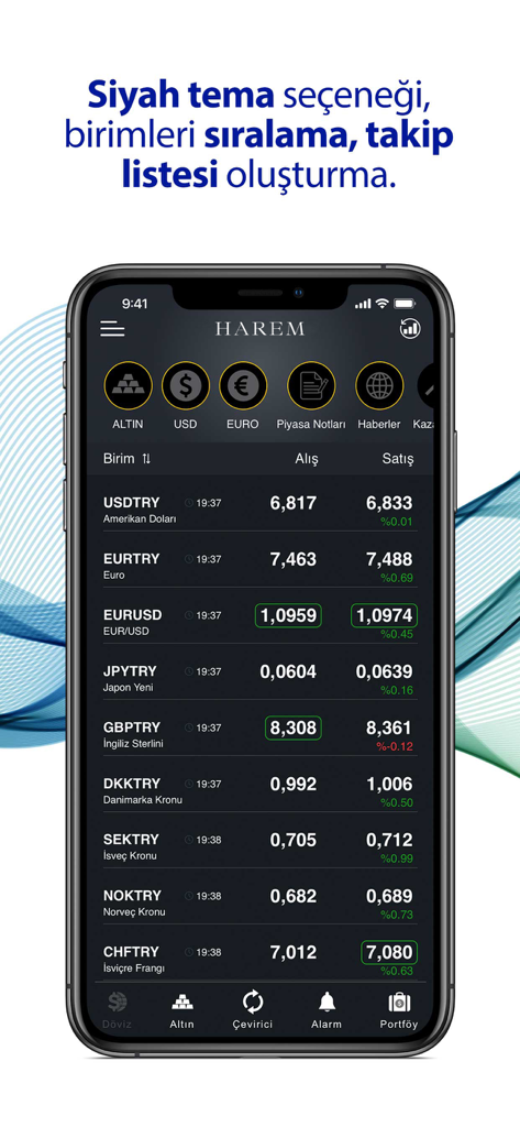 Harem Altinモバイルアプリのインターフェースに、ダークモードでのライブ通貨交換レートと金価格が表示されています。