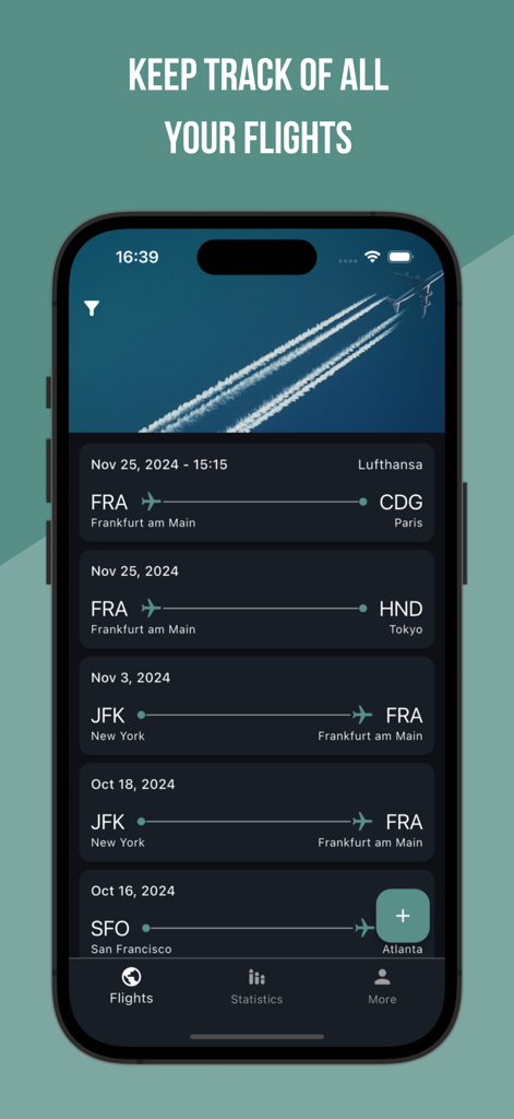 Interfaz de la aplicación myFlights mostrando una lista de rutas de vuelo y fechas rastreadas en la pantalla de un smartphone.