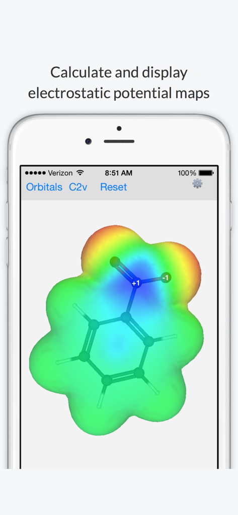 WebMO Molecule Editor - WebMO 앱에 모바일 화면에 분자의 3D 정전기 포텐셜 맵이 표시됨