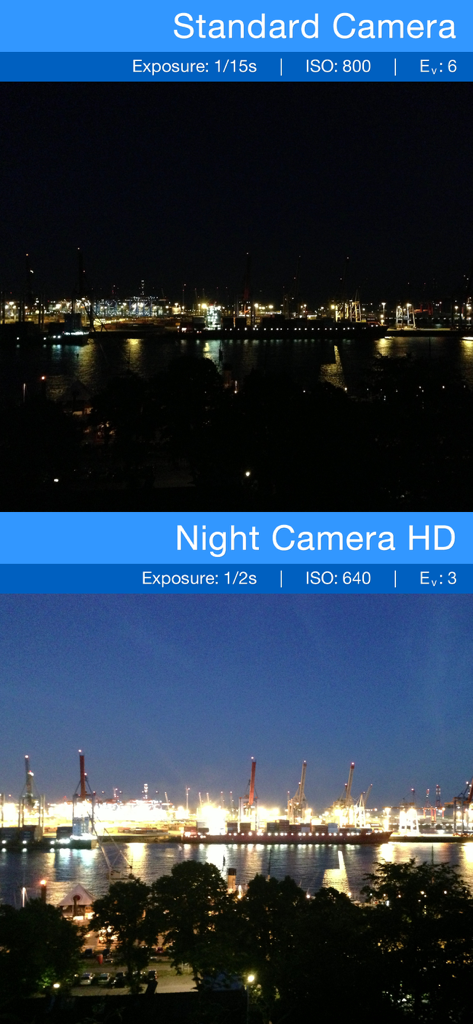 Night Camera HD - Side by side comparison of a dark standard camera photo versus a bright Night Camera HD photo of a harbor at night