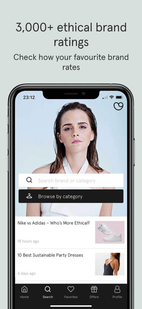 Good On You – Ethical Ratings - The home screen of the Good On You app showing a search bar for ethical brand ratings and sustainable fashion articles