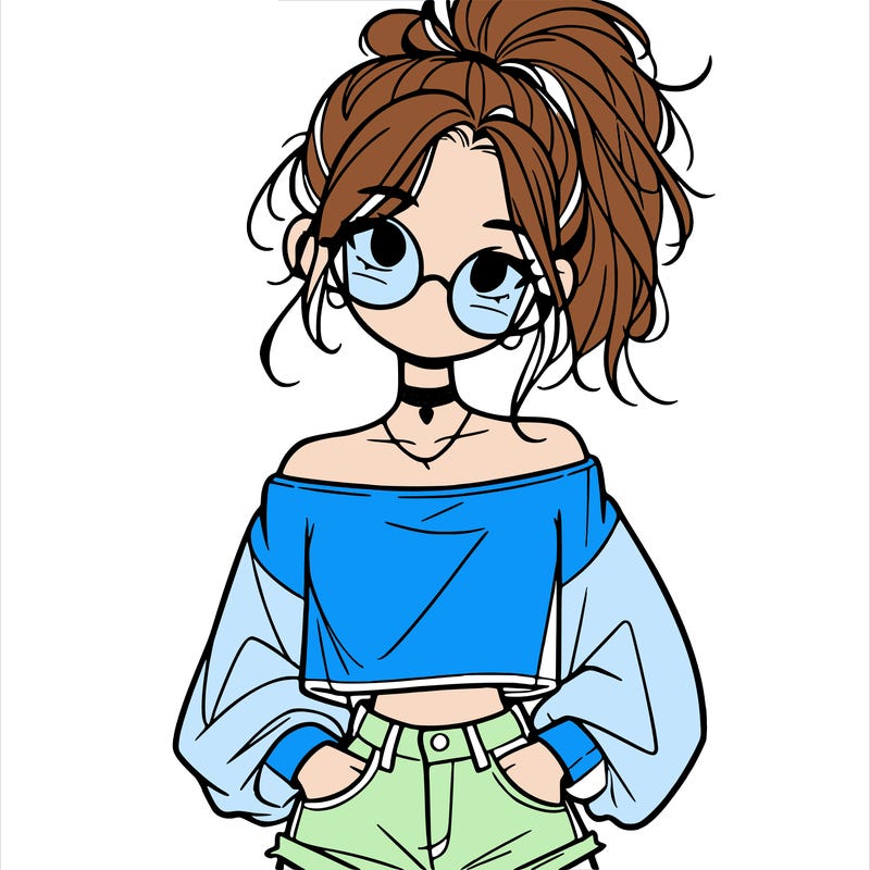 girl with a messy ponytail glasses a baggy crop top and jean shorts