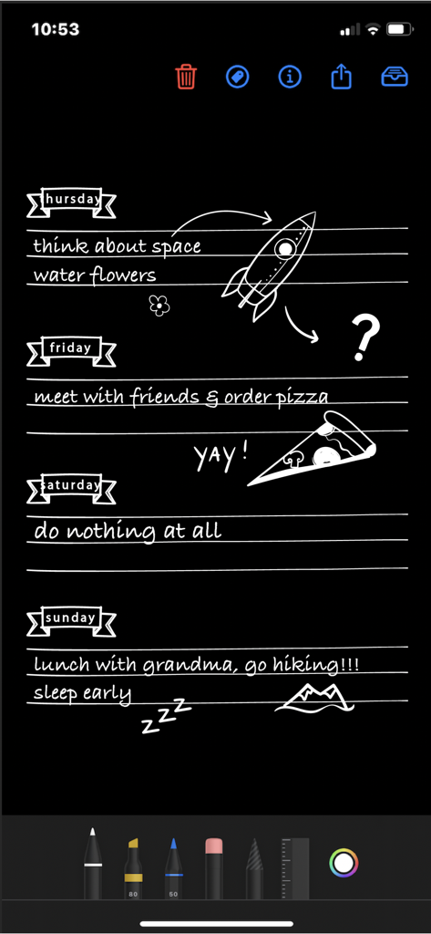 Penned: Private Notes - Handwritten planner notes with sketches in Penned app dark mode