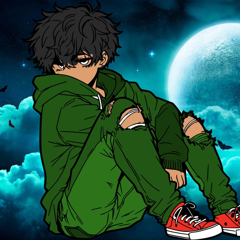 a male hoddie ripped jeans messy hair anime