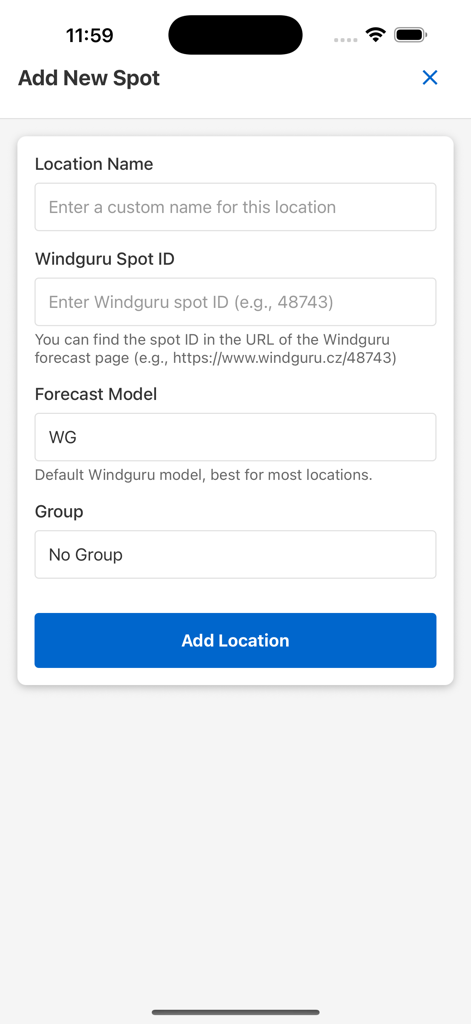 Interfaz para agregar un nuevo lugar de viento ingresando el nombre del lugar y el ID del lugar de Windguru