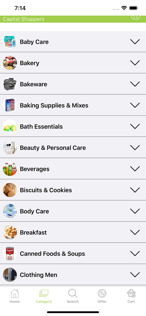 Capital Shoppers - Interface de l'application mobile Capital Shoppers affichant une liste de catégories d'achat comprenant les soins pour bébés, la boulangerie et les essentiels de bain