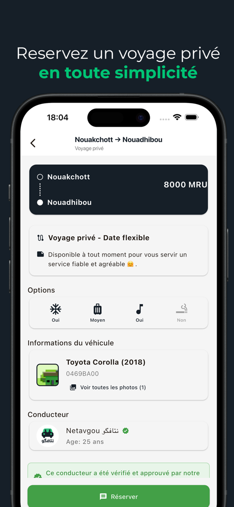 Netavgou - نتافگو - Interface of the Netavgou app showing private trip booking details for a route in Mauritania