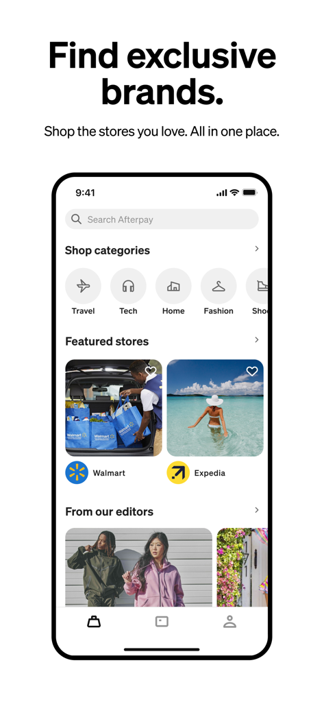 Afterpay mobile app screen for finding exclusive brands with shopping categories for travel, tech, and fashion