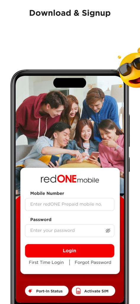 The login and signup screen of the redONE Prepaid mobile app featuring fields for mobile number and password.
