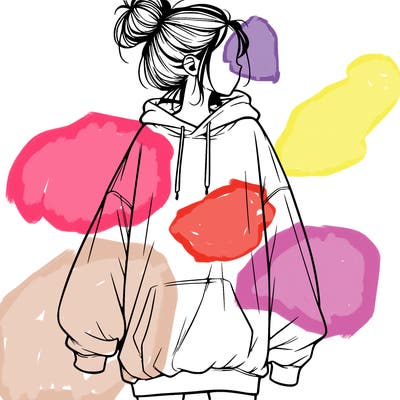realistic girl with a oversized sweatshirt on and a bun