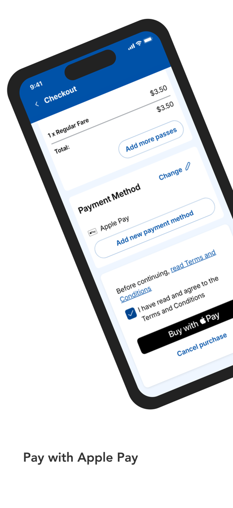 Ecrã de checkout da aplicação NICE gomobile a mostrar a compra de um bilhete de autocarro com tarifa regular usando Apple Pay.