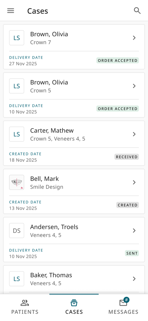 3Shape Unite Cloud - Mobile dashboard of dental patient cases showing treatment types and order statuses