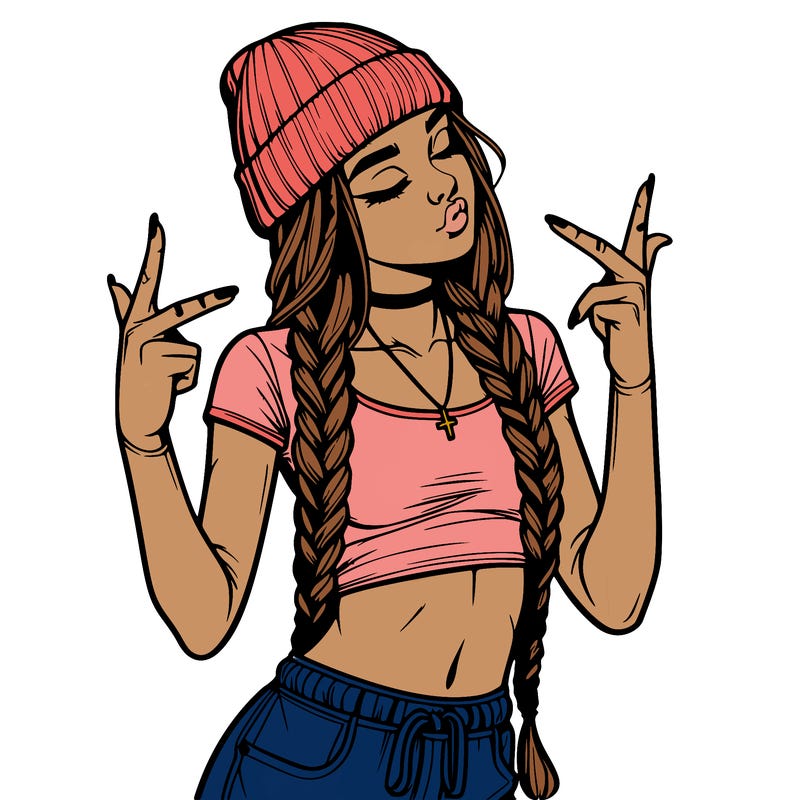 realistic teenage girl with braids and a beanie and crop top doing 🫶🏼