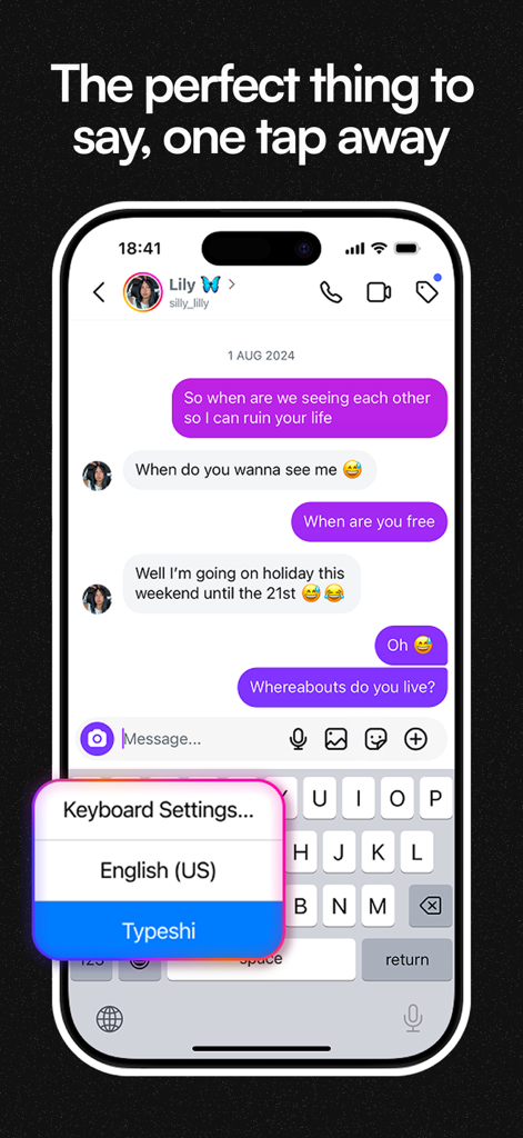 Typeshi AI keyboard extension enabled on an iPhone for dating app messages