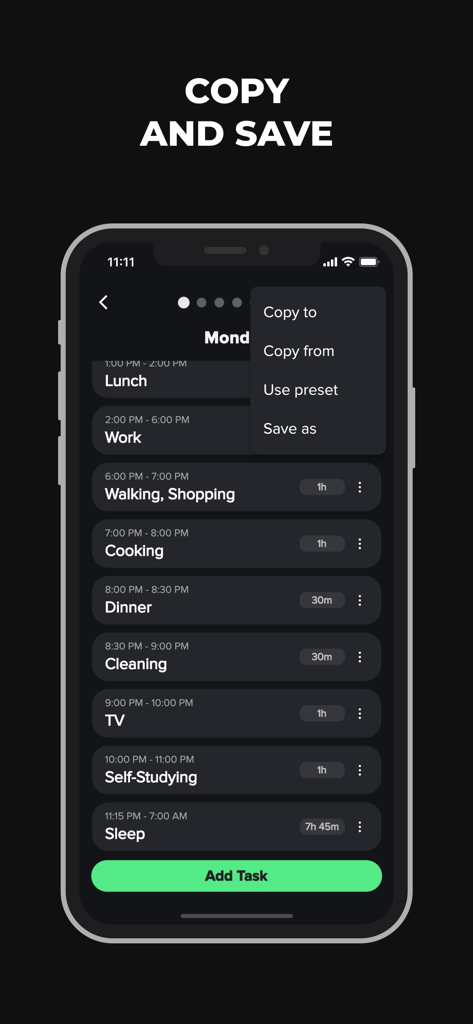Daily Routine Planner App - Dark mode interface of the Daily Routine Planner app showing a daily schedule and a menu with copy and save options.