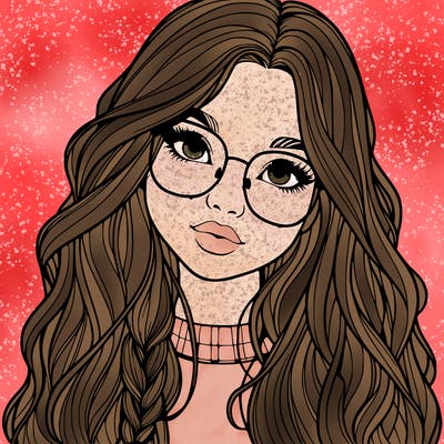 girl with long hair and freckles and glasses realistic