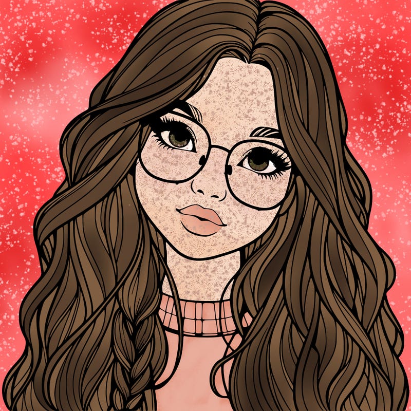 girl with long hair and freckles and glasses realistic