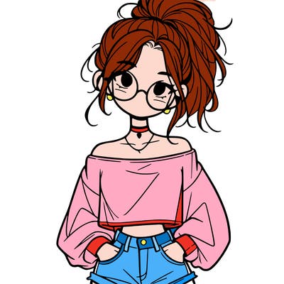 girl with a messy ponytail glasses a baggy crop top and jean shorts