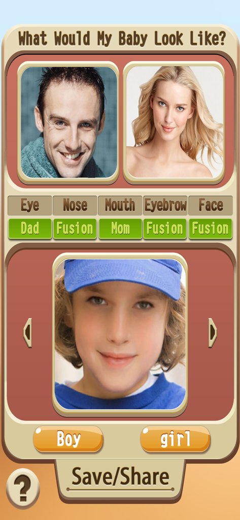 Interface do aplicativo móvel mostrando fotos de um homem e uma mulher sendo usadas para gerar uma imagem prevista de seu futuro bebê.