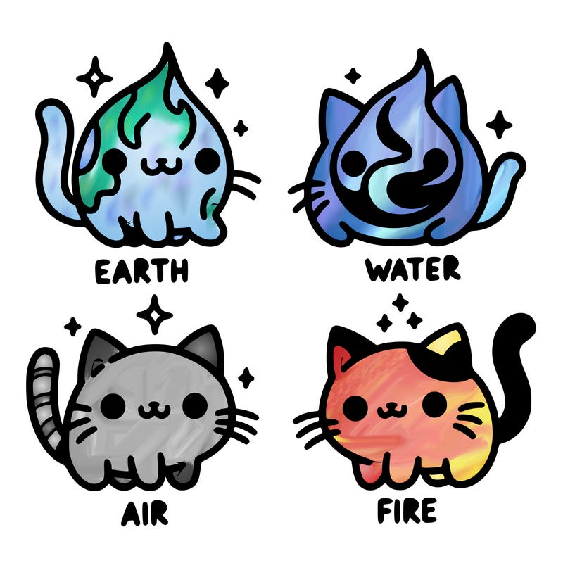 4 cats that represent the different elements, earth, water, air, and fire