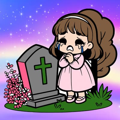 a little girl crying near a grave
