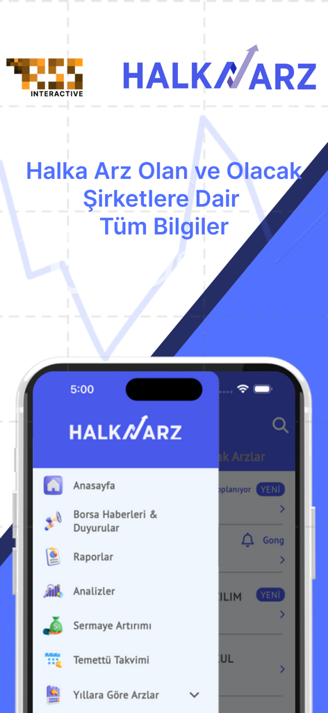 Halka Arz Takvimi - Halka Arz app interface showing navigation menu with sections for stock news, reports, and dividend calendars