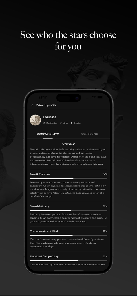 Interface de l'application Astraia Astrology montrant les scores de compatibilité zodiacale et les aperçus des profils d'amitié