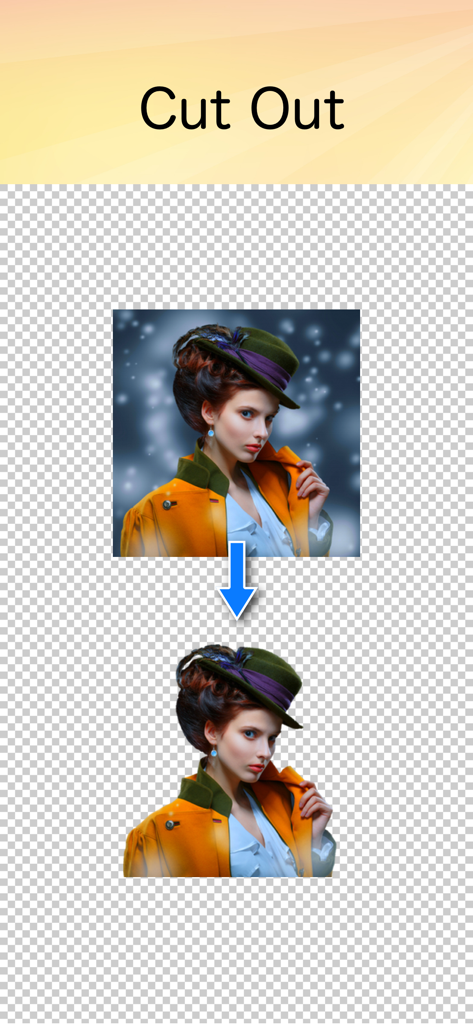 Before and after demonstration of a portrait with the background removed using the PhotoLayers app