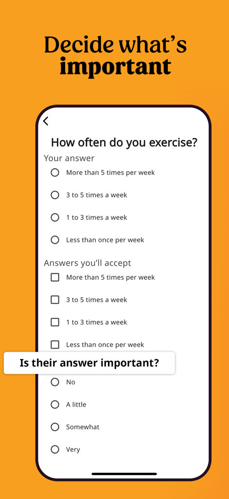 Dating app quiz interface for setting personal answers and match preferences.
