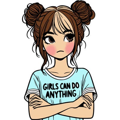 a young women crossing her arms with a shirt on that says girls can d♥️ any thing and her hair is in two buns on opposite sides of her head and two strands of hair out in the front of her face