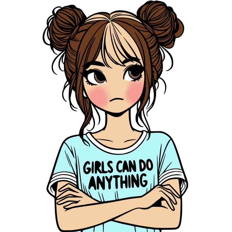 a young women crossing her arms with a shirt on that says girls can d♥️ any thing and her hair is in two buns on opposite sides of her head and two strands of hair out in the front of her face