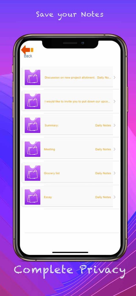 iPhone screen showing a list of saved voice-to-text notes including meeting summaries and grocery lists.