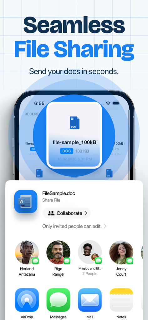 Interface showing seamless file sharing options for documents in the Word Editor app