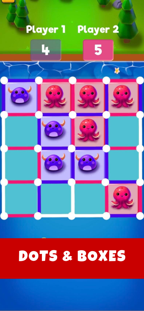 A colorful Dots and Boxes game screen featuring cute character icons for offline play.