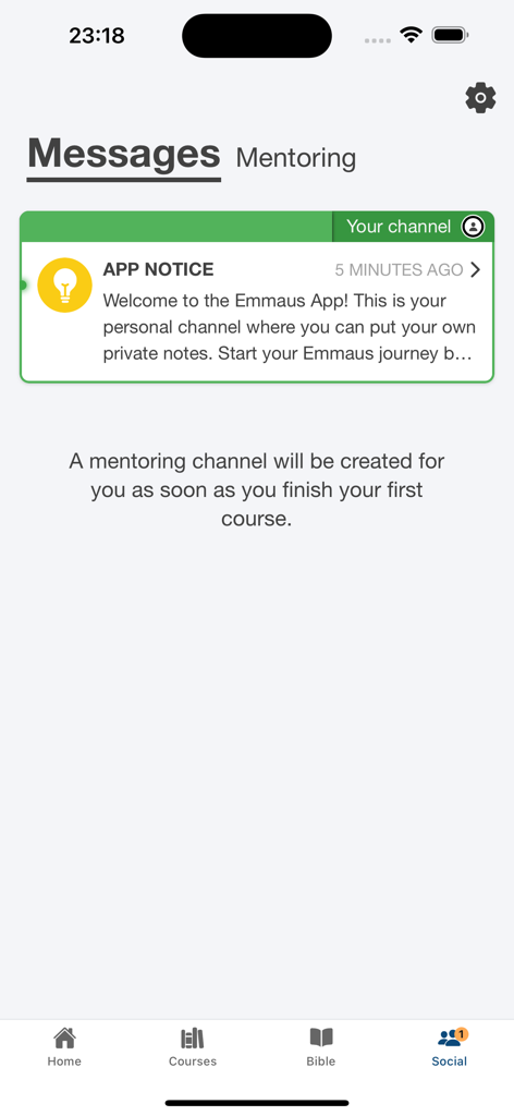 Emmaus app social screen showing the mentoring and private messages interface
