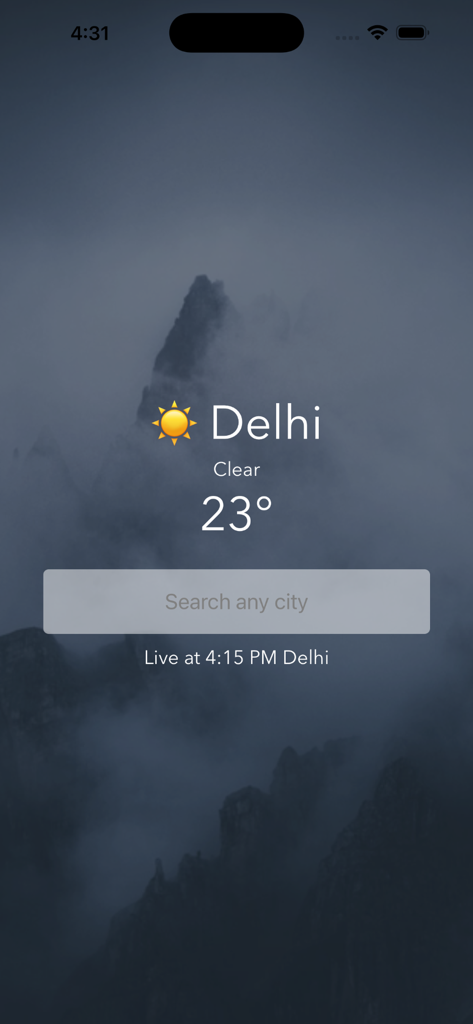 Global-Weather - Global Weather 앱 인터페이스에 맑은 날씨와 23도, 도시 검색창이 표시된 델리