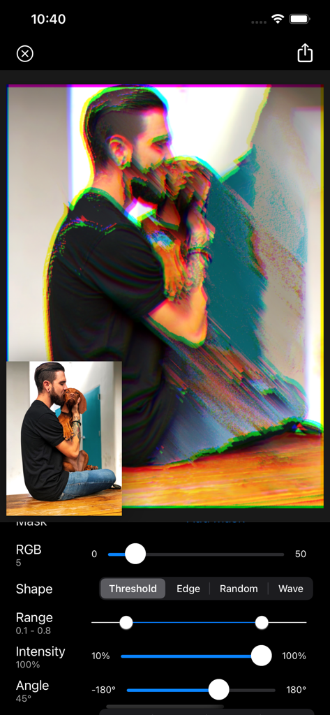 Glitch Fx - Pixel Sorting - Interfaz de edición de fotos en la aplicación Glitch Fx mostrando efectos de clasificación de píxeles y desplazamiento de color RGB en un retrato