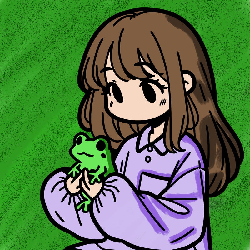 girl with long hair and a oversized shirt. and she is holding a frog