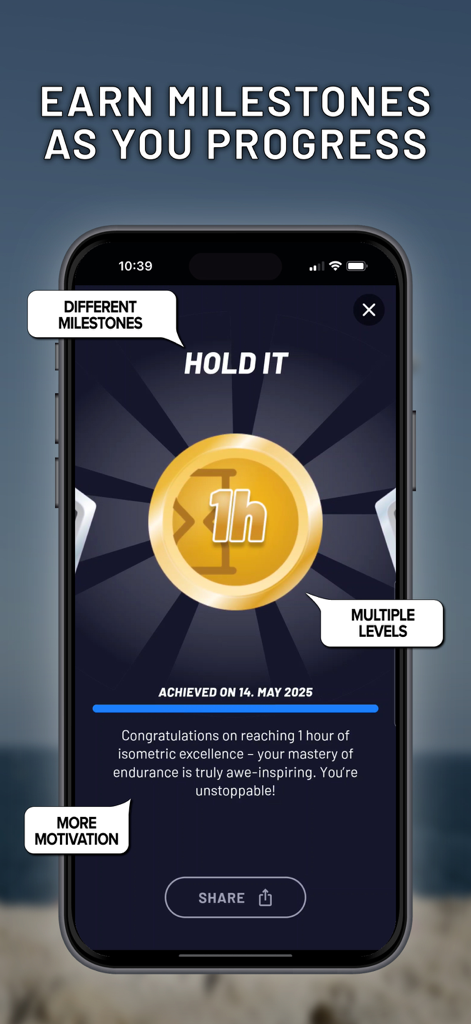 Cali Move app milestone screen showing an achievement badge for fitness progress.