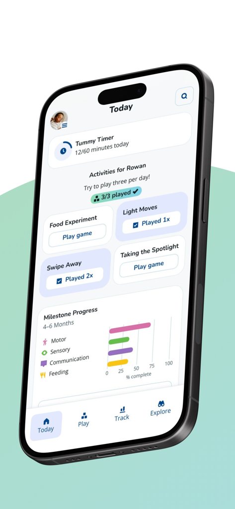 Pathways.org Baby Milestones - iPhone screen showing the Pathways.org baby milestones app with daily activities and development progress charts.