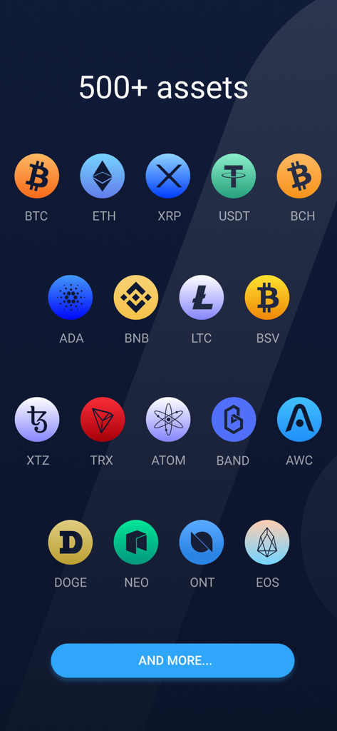 Atomic Wallet-Oberfläche, die ein Raster verschiedener Kryptowährungssymbole wie Bitcoin, Ethereum und XRP zeigt, mit dem Text, dass über 500 Assets unterstützt werden.