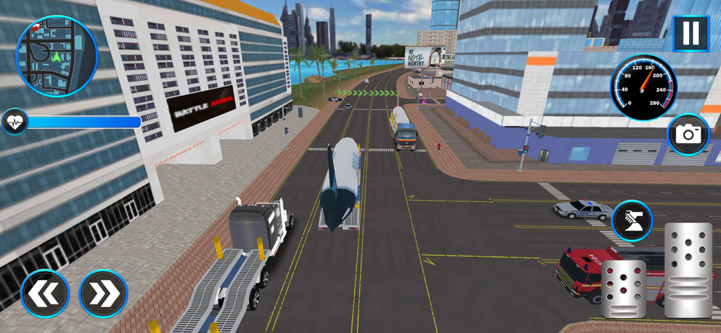 Cargo Plane Truck Transport - Un camión transportando el fuselaje de un avión de carga por una calle de la ciudad en un simulador.